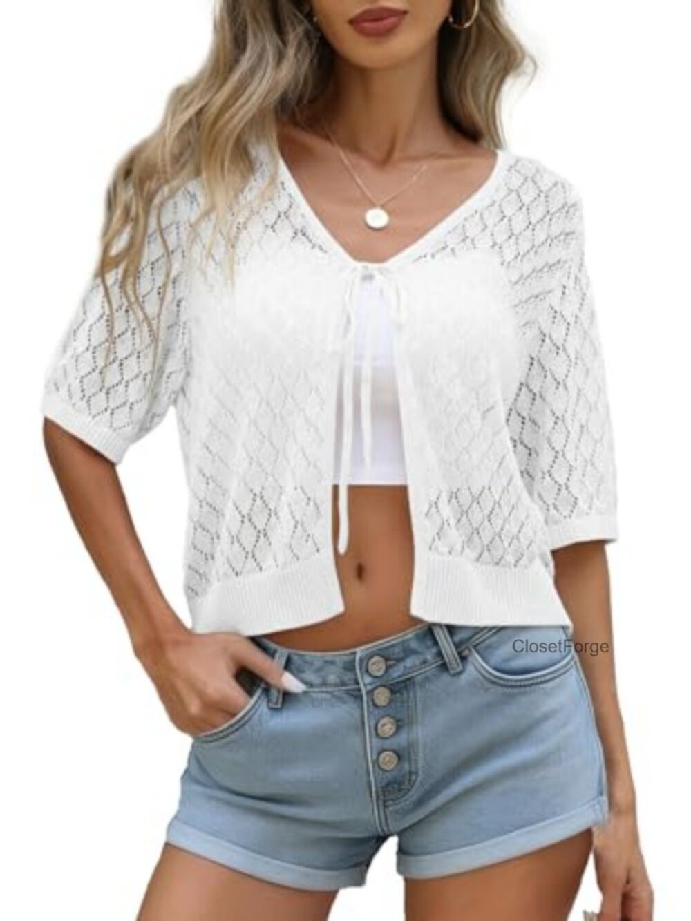Women's Crochet Cardigan Tie Front Long Sleeve Shrugs Sweater Summer Boho V-Neck